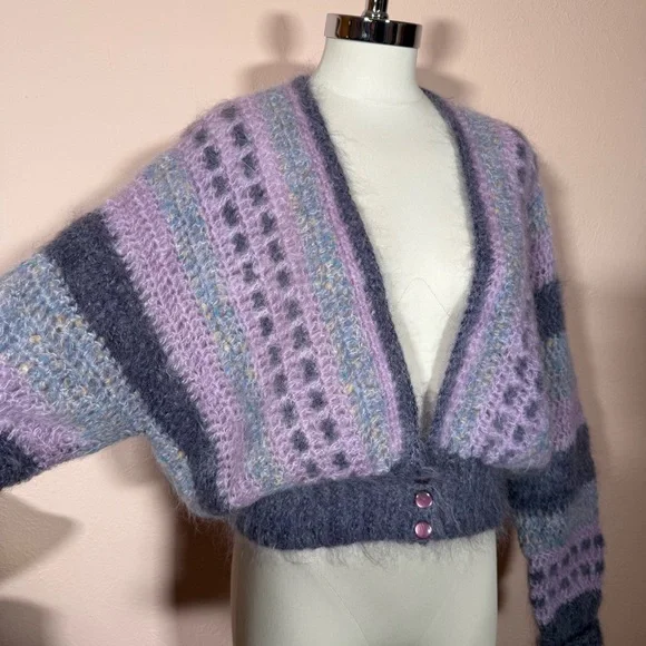 Mohair wool grandmacore Lavender Grey Crochet Ireland Cardigan Sweater - Picture 4 of 16